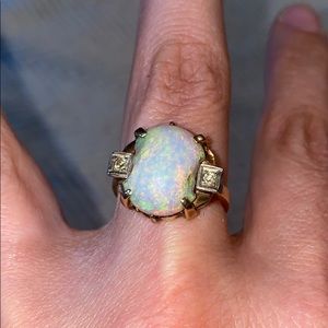 14K solid gold large fire opal and diamonds